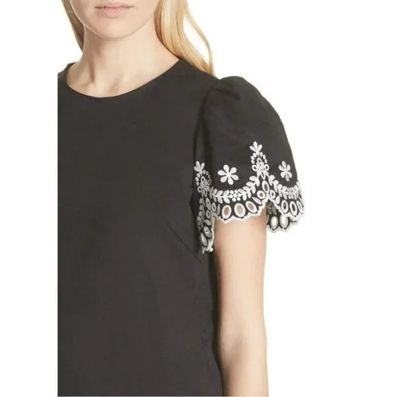Kate Spade Black Floral Embroidered Cotton Shift Mini Dress Small Short Sleeve
